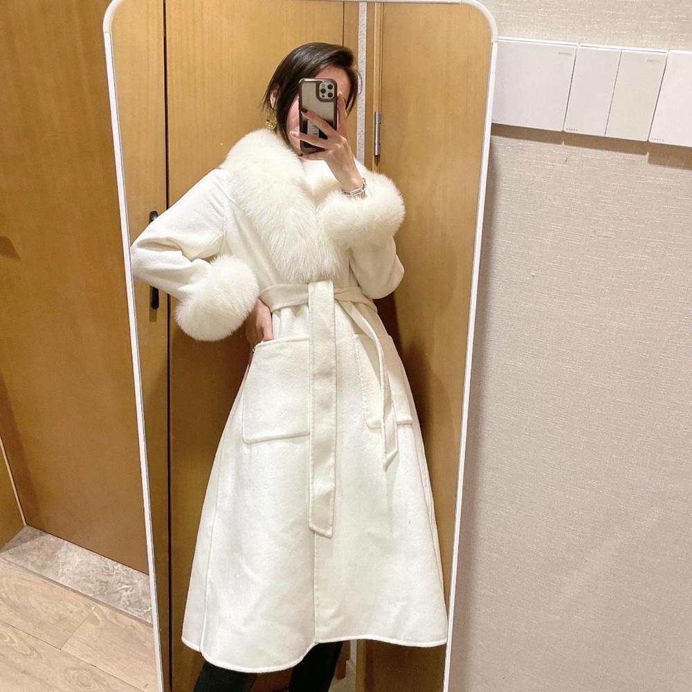 Winter White Fur Collar Elegant Coat